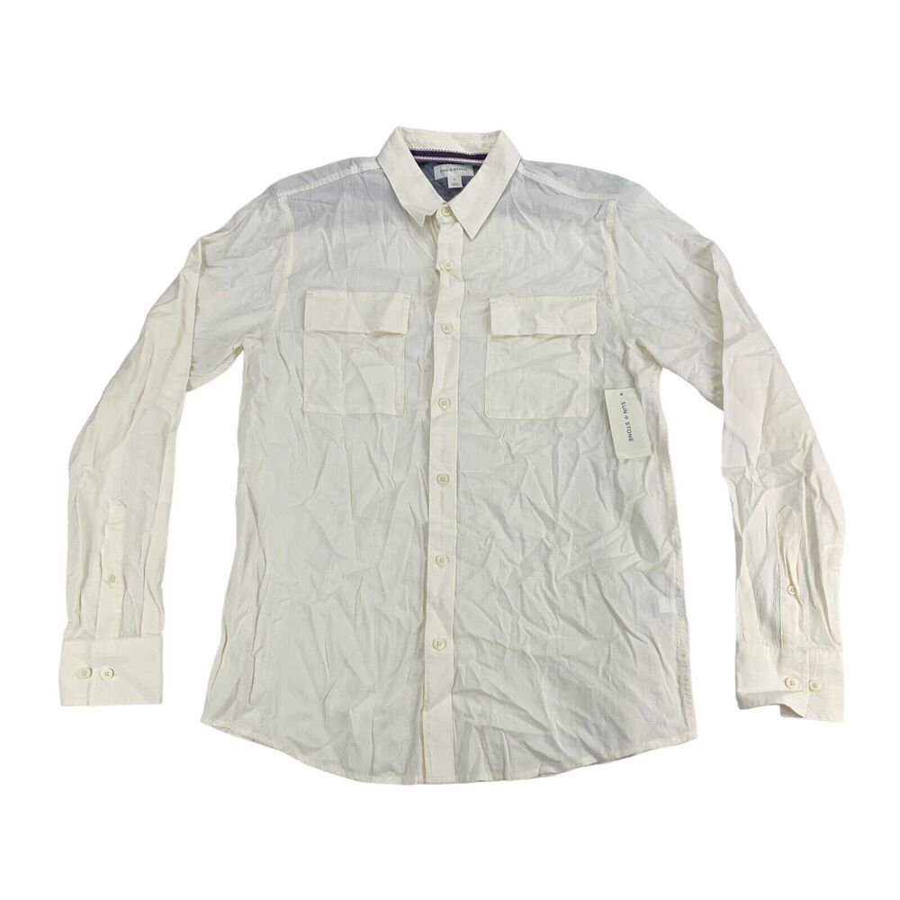 Sun + Stone Mens Sandro Dobby Long Sleeve Button Down Shirt Vintage White S